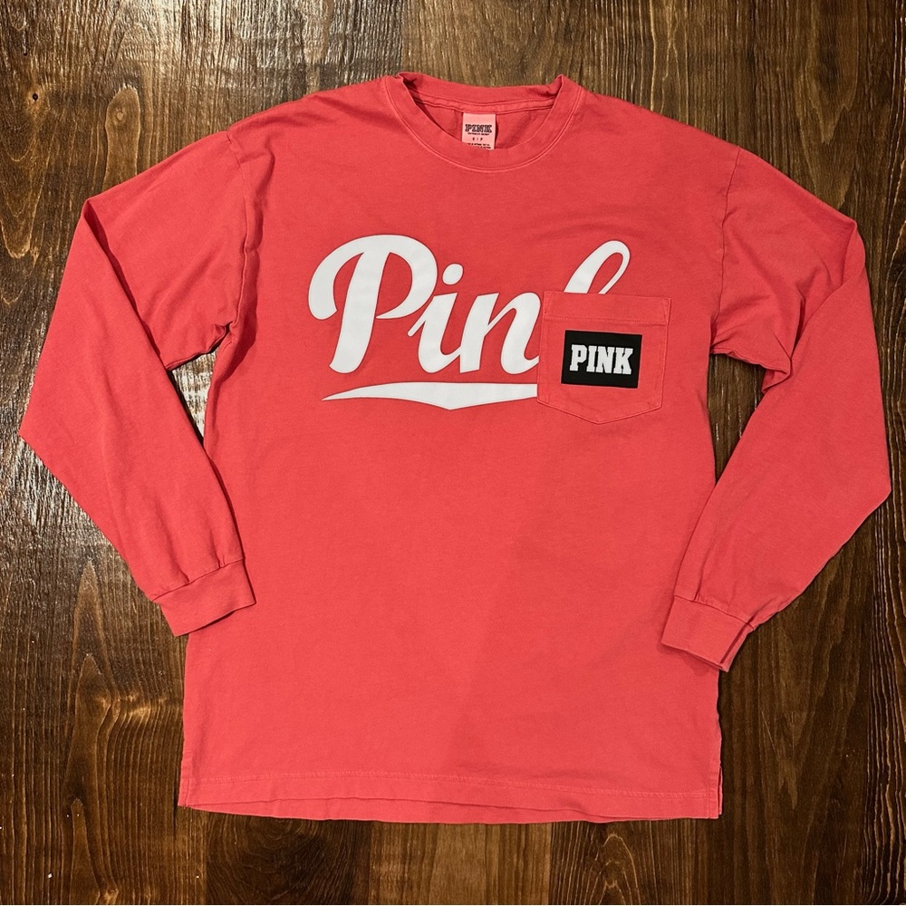 PINK VS Victoria Secret Reddish Pink Long Sleeve Pocket Crewneck Tee Size Small